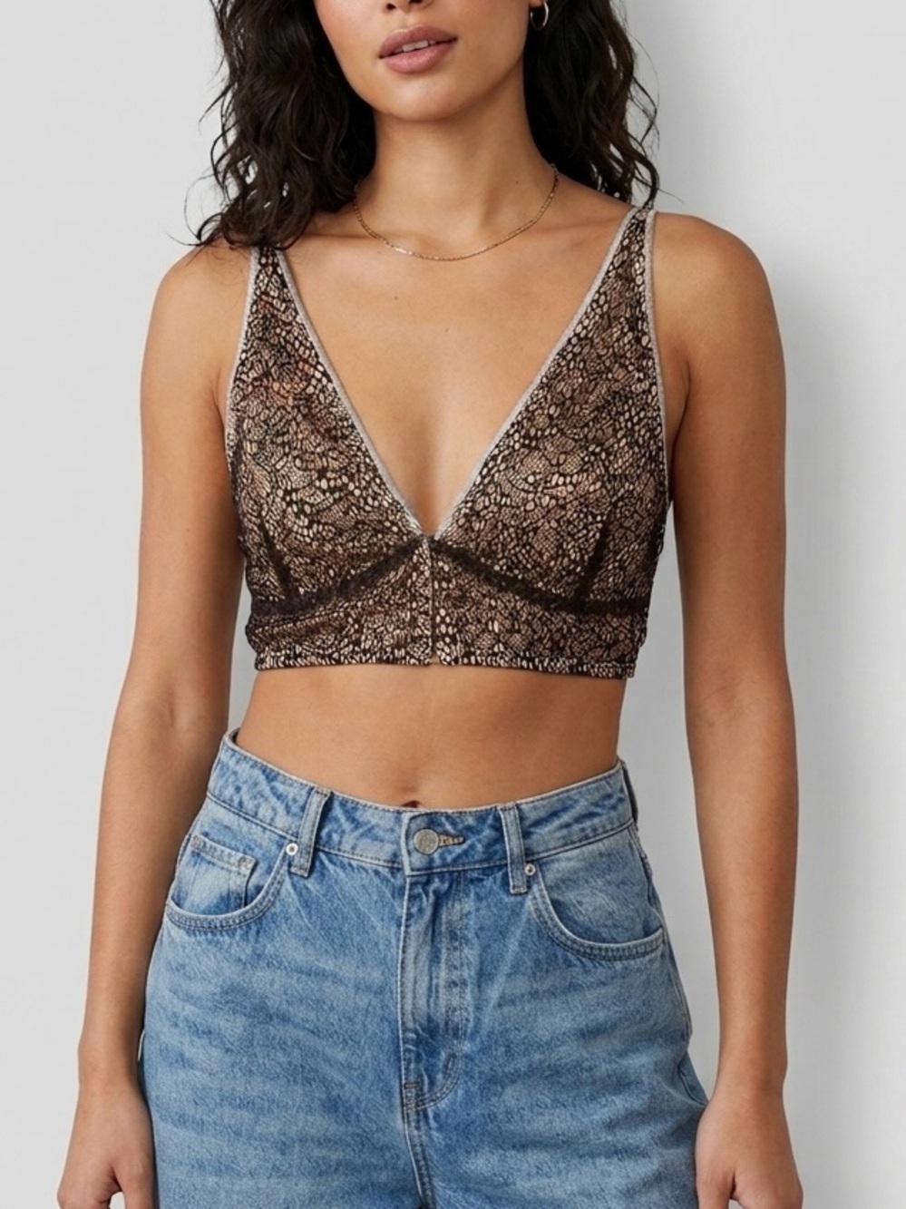 BKE Buckle Crochet Lace Longline Front Close Bralette Crop Top Brown Tan L